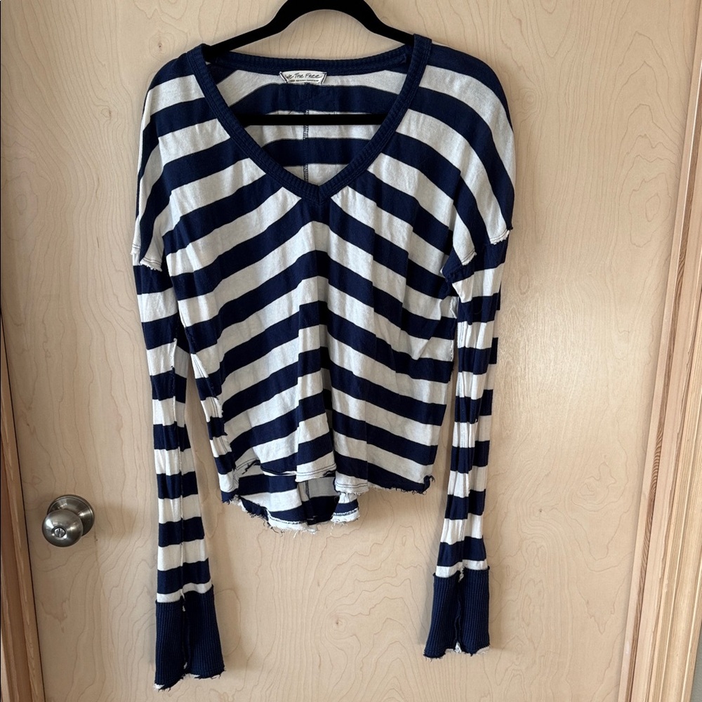Free People We the Free  Sail Away Navy and White Striped Long Sleeve Top
